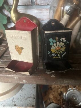 Set of 2 Vintage Metal Match Holders - Floral and Illustrated Designs